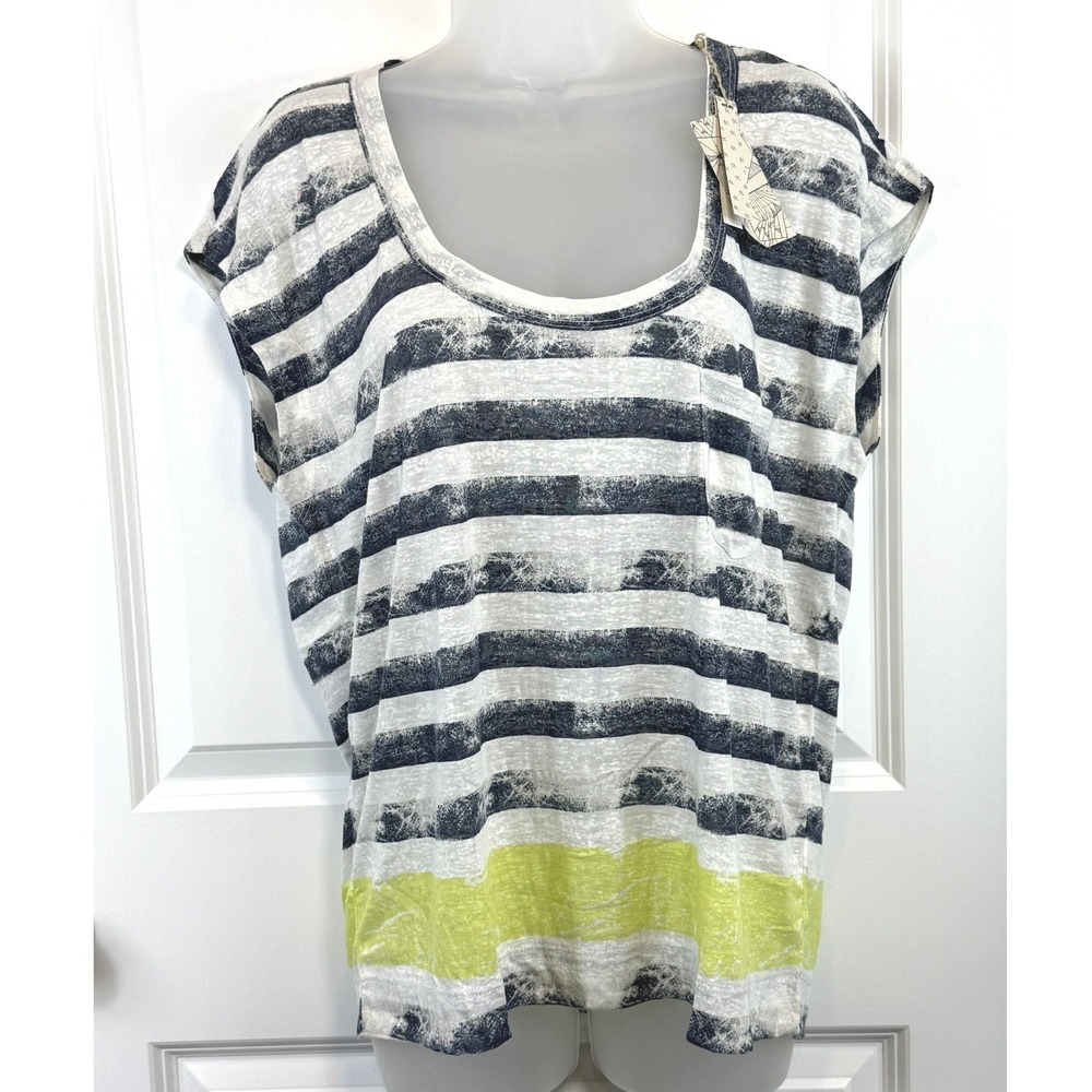 NEW‎ Grey State Womens L Striped Artist Tee Navy White Neon Yellow Coastal